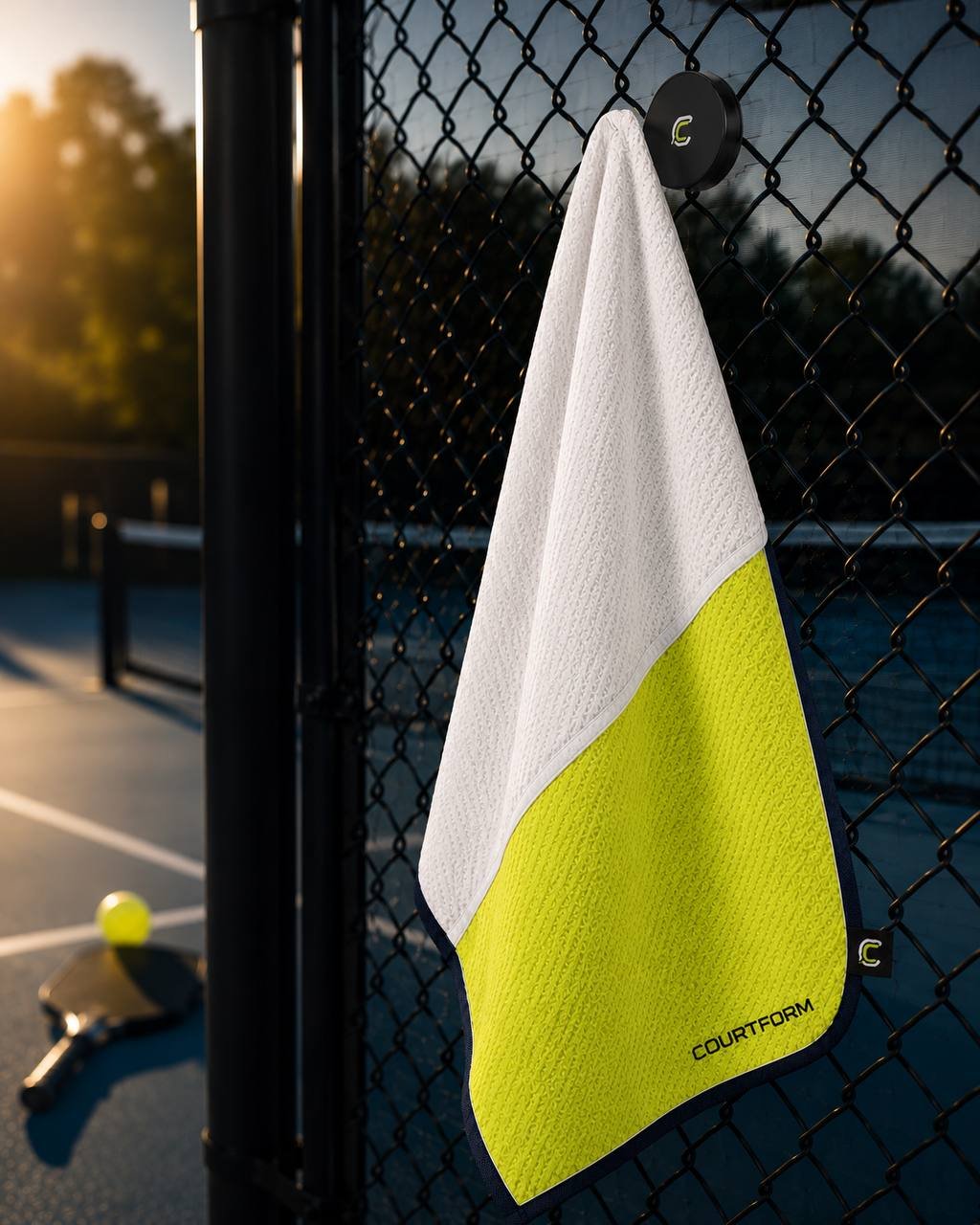 Courtform Pro lime green sweat towel magnetically attached to pickleball court fence at golden hour