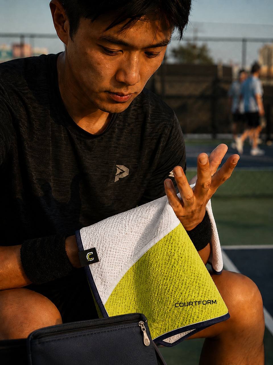 Pickleball player drying palm with Courtform Pro towel at golden hour