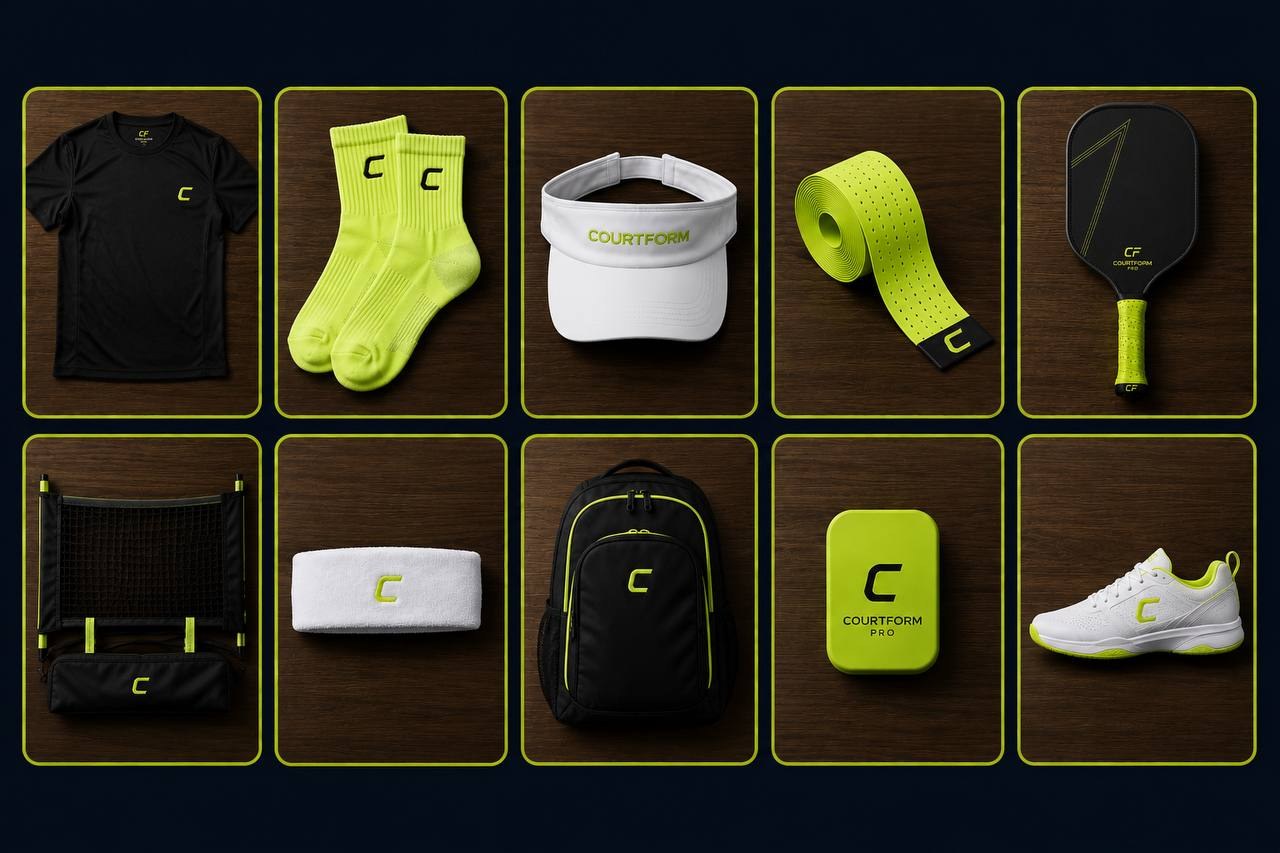 Courtform full product line: tee, socks, visor, edge tape, paddle, court net, headband, backpack, paddle eraser, court shoes