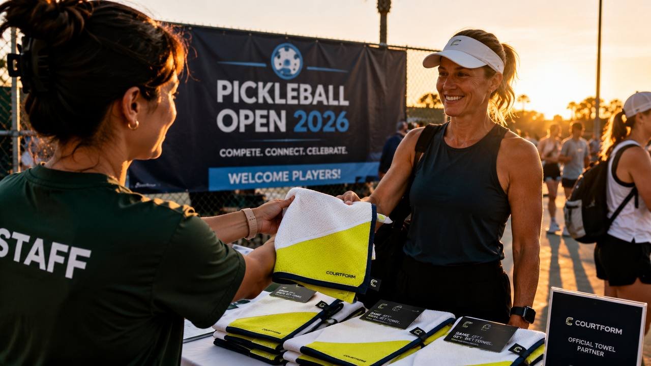 Pickleball Open 2026 tournament check-in with Courtform Pro towels