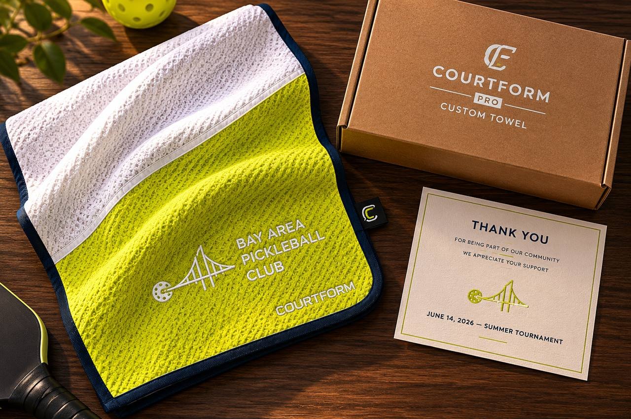 Bay Area Pickleball Club custom logo embroidery on Courtform Pro towel with gift box