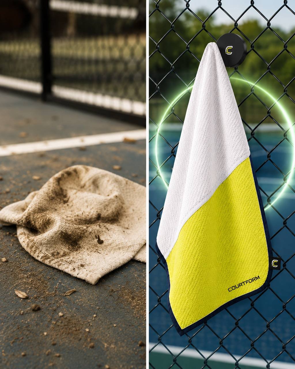 Side-by-side: dirty towel on ground vs clean Courtform Pro magnetically hanging on fence
